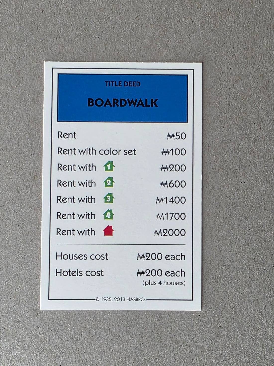 Monopoly Boardwalk Replacement Property Card