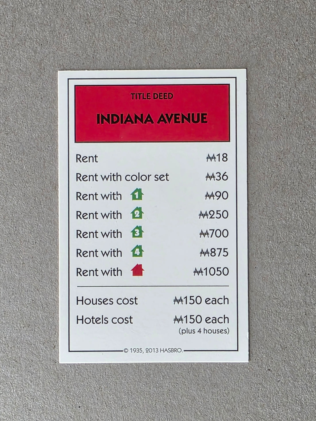 Monopoly Indiana Avenue Replacement Property Card