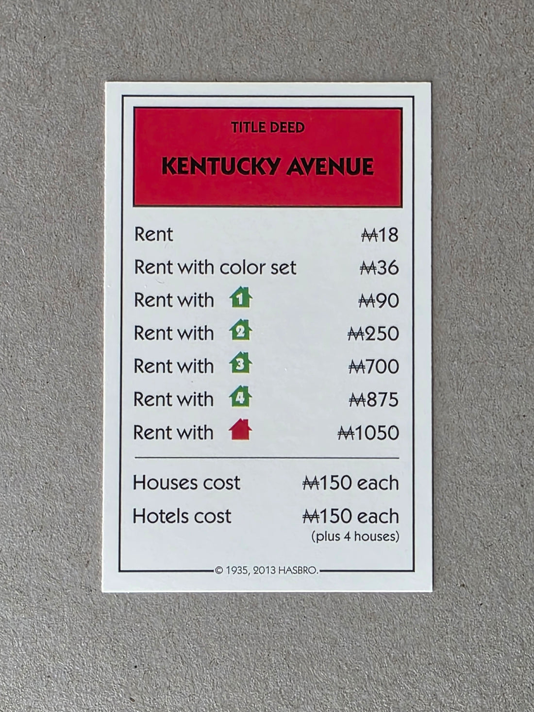 Monopoly Kentucky Avenue Replacement Property Card