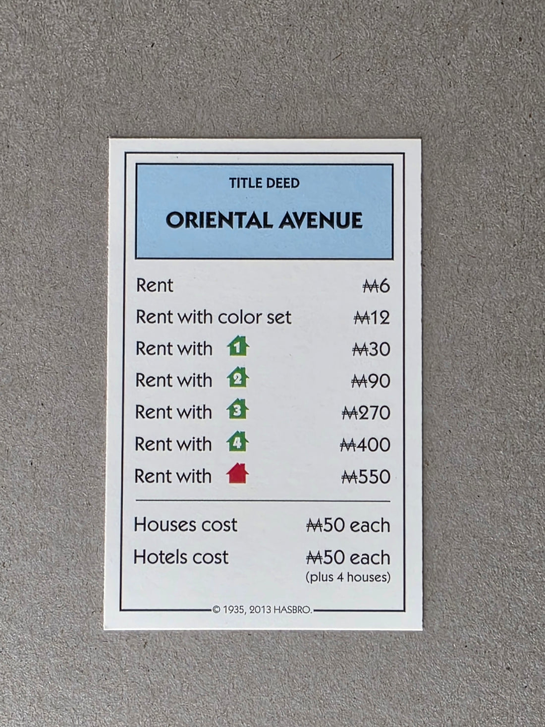 Monopoly Oriental Avenue Replacement Property Card