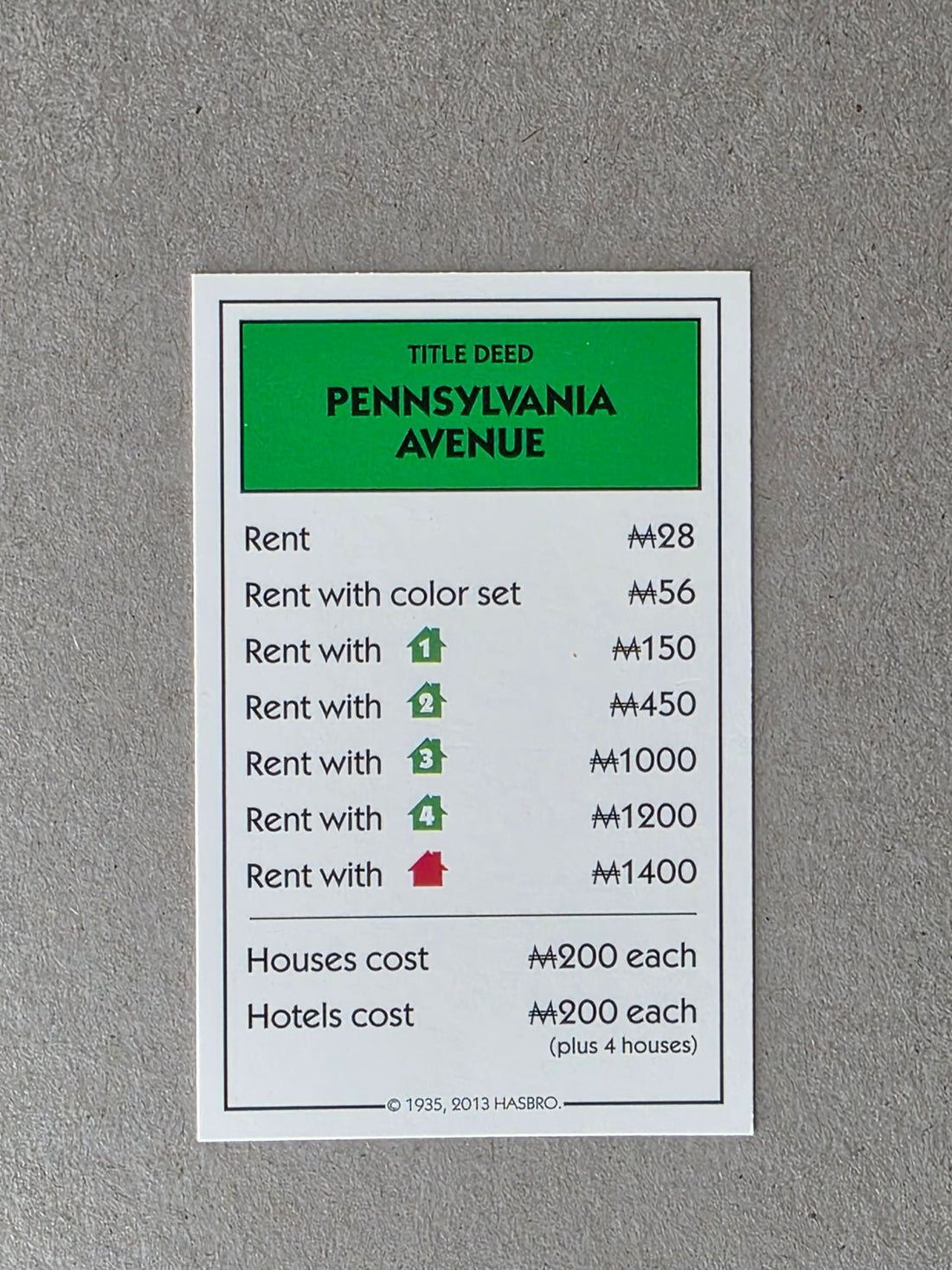 Monopoly Pennsylvania Avenue Replacement Property Card