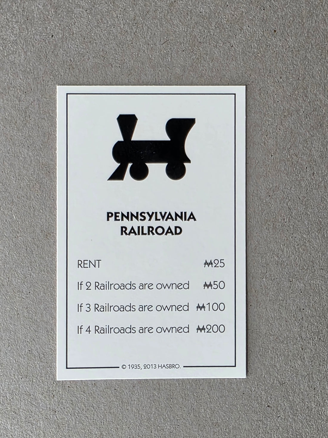 Monopoly Pennsylvania Railroad Replacement Property Card