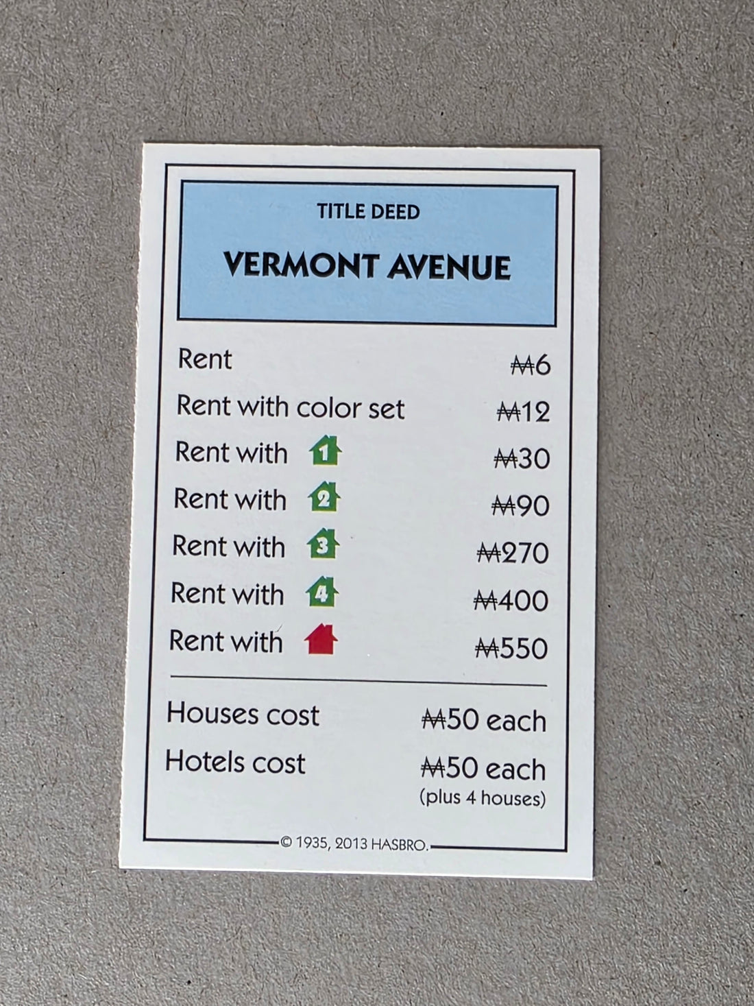 Monopoly Vermont Avenue Replacement Property Card