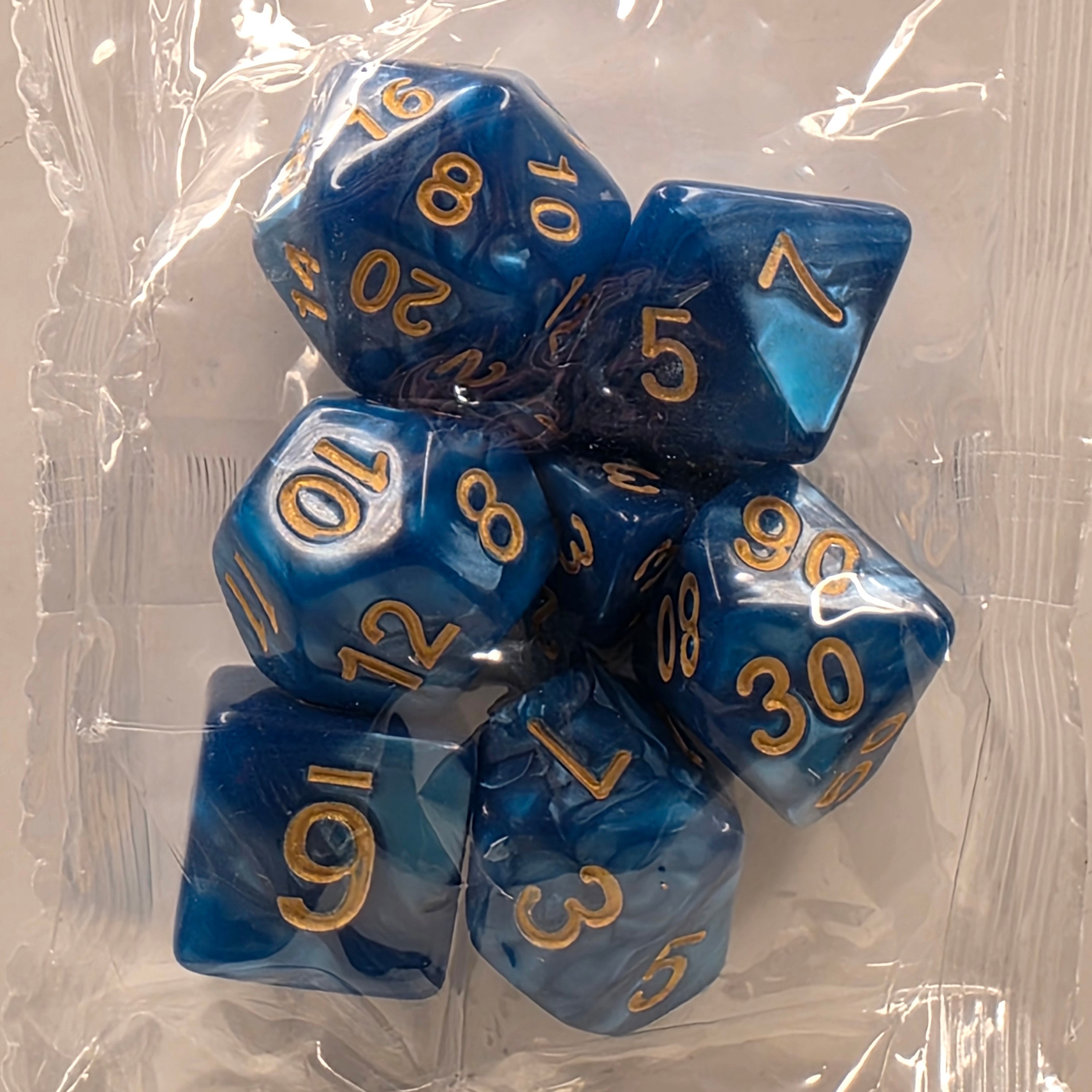 RPG Dice Set – 7 Polyhedral Dice for Tabletop Games - Blue Gold