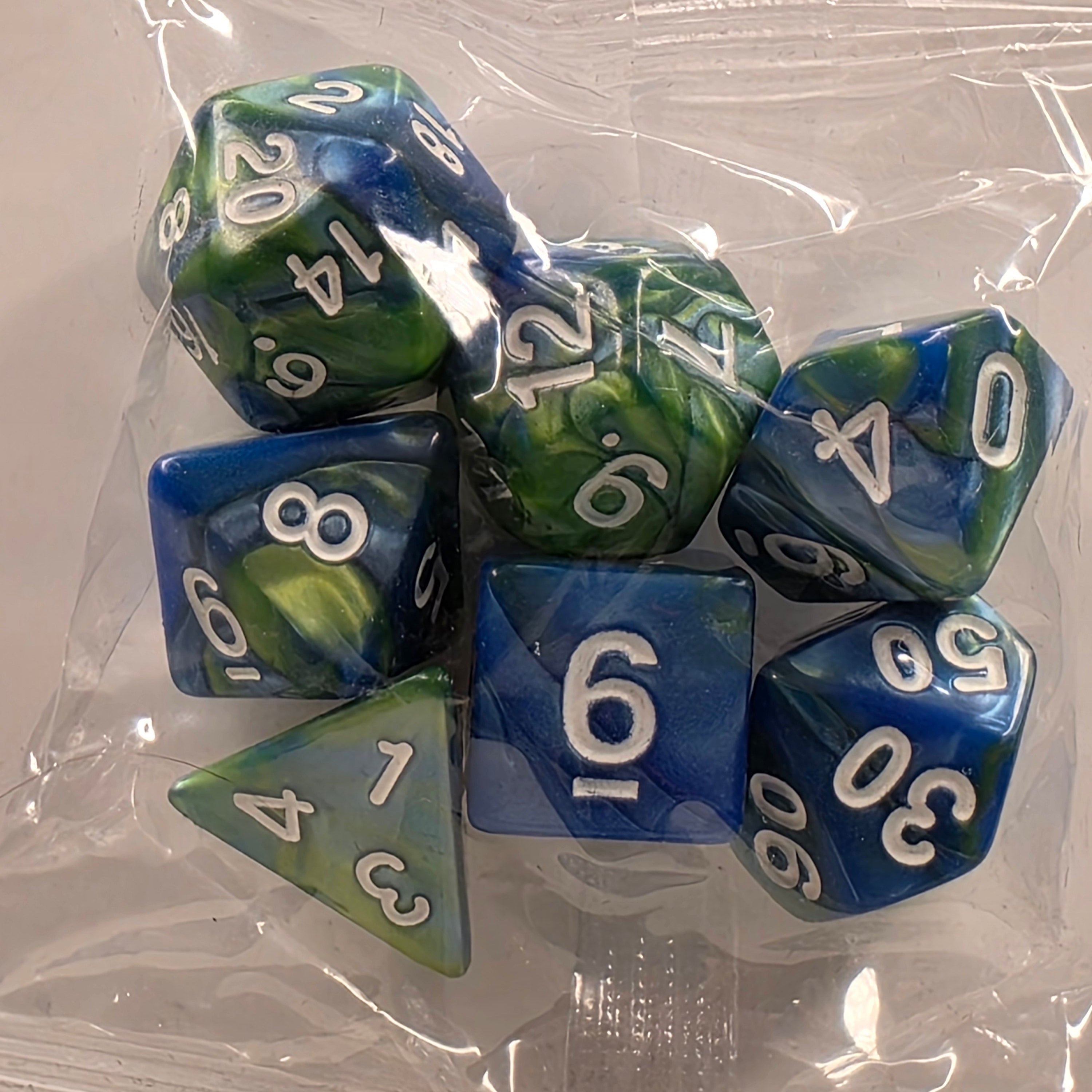 RPG Dice Set – 7 Polyhedral Dice for Tabletop Games - Blue Green White