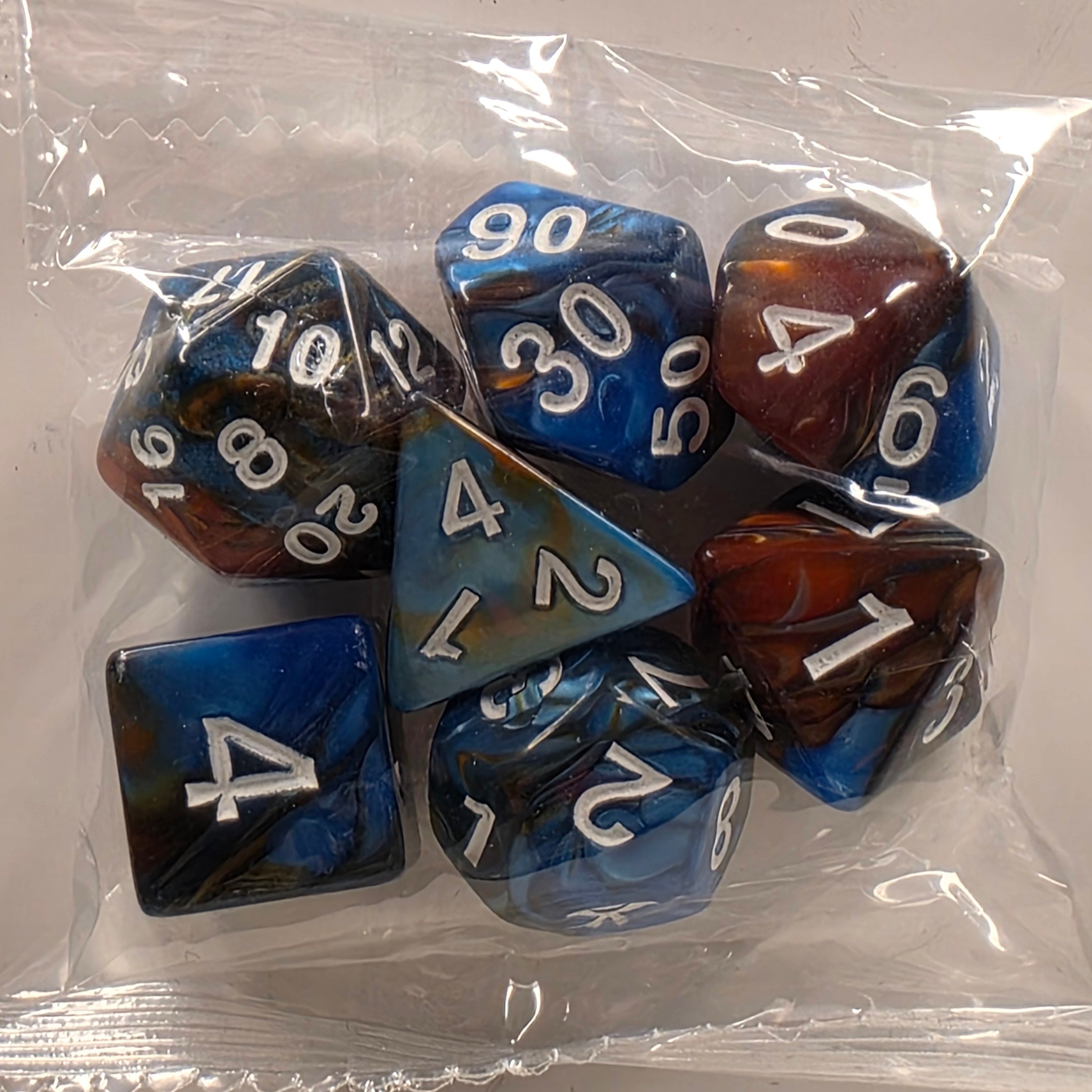 RPG Dice Set – 7 Polyhedral Dice for Tabletop Games - Blue Orange White
