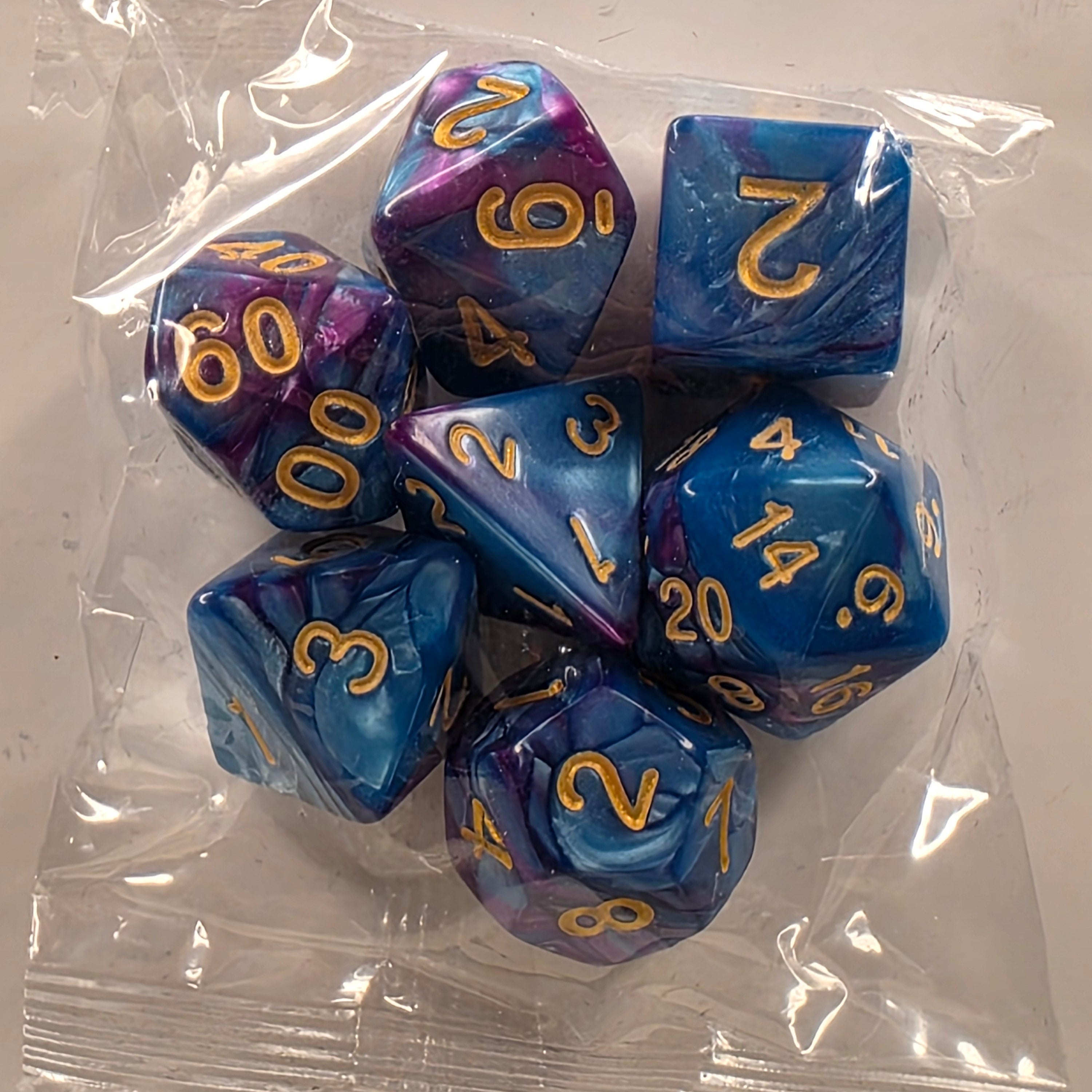 RPG Dice Set – 7 Polyhedral Dice for Tabletop Games - Blue Purple Gold