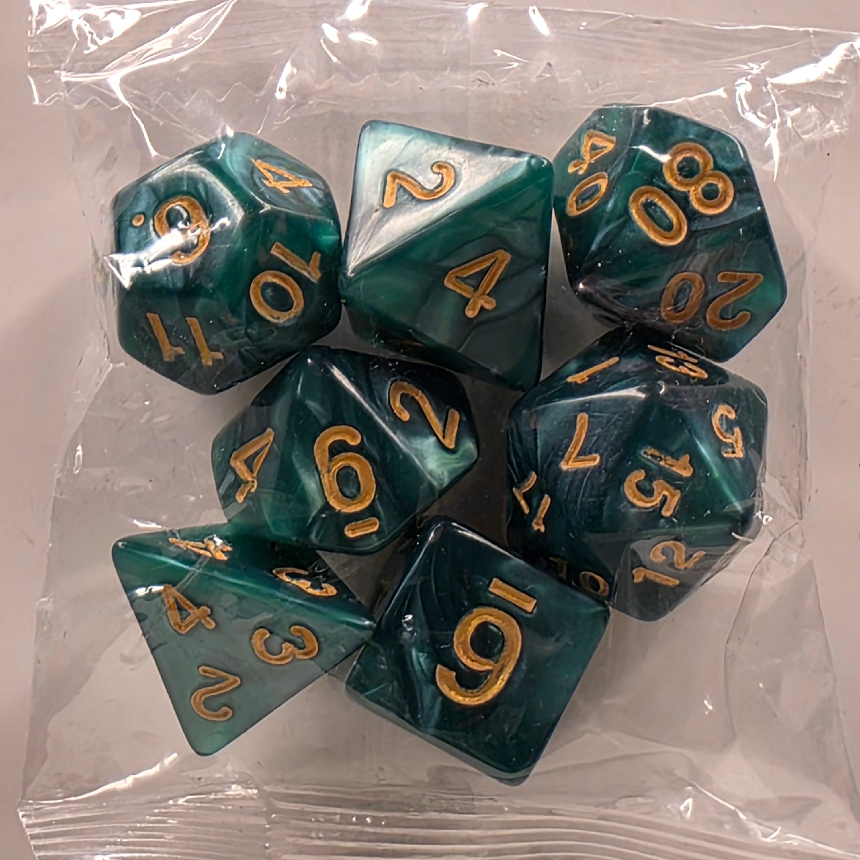 RPG Dice Set – 7 Polyhedral Dice for Tabletop Games - Green Gold
