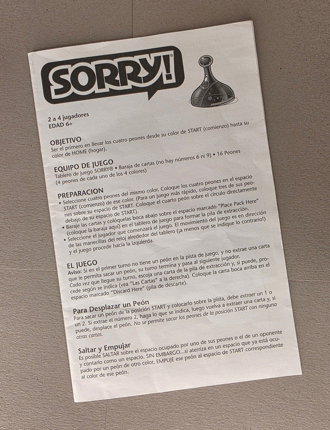 Sorry Rulebook Replacement (Spanish) – Libro de Instrucciones en Español