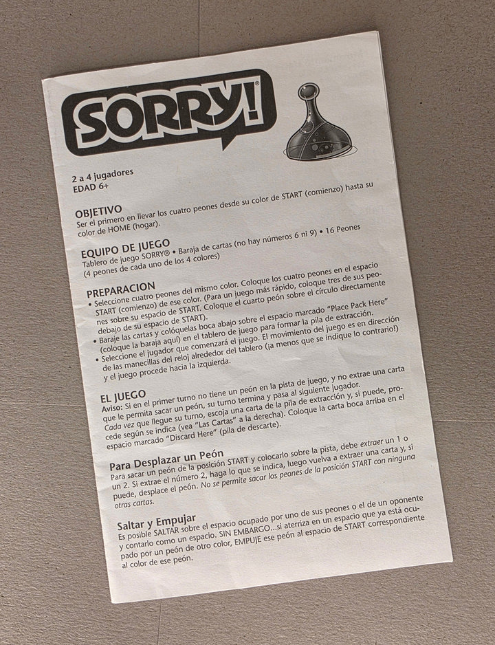Sorry Rulebook Replacement (Spanish) – Libro de Instrucciones en Español