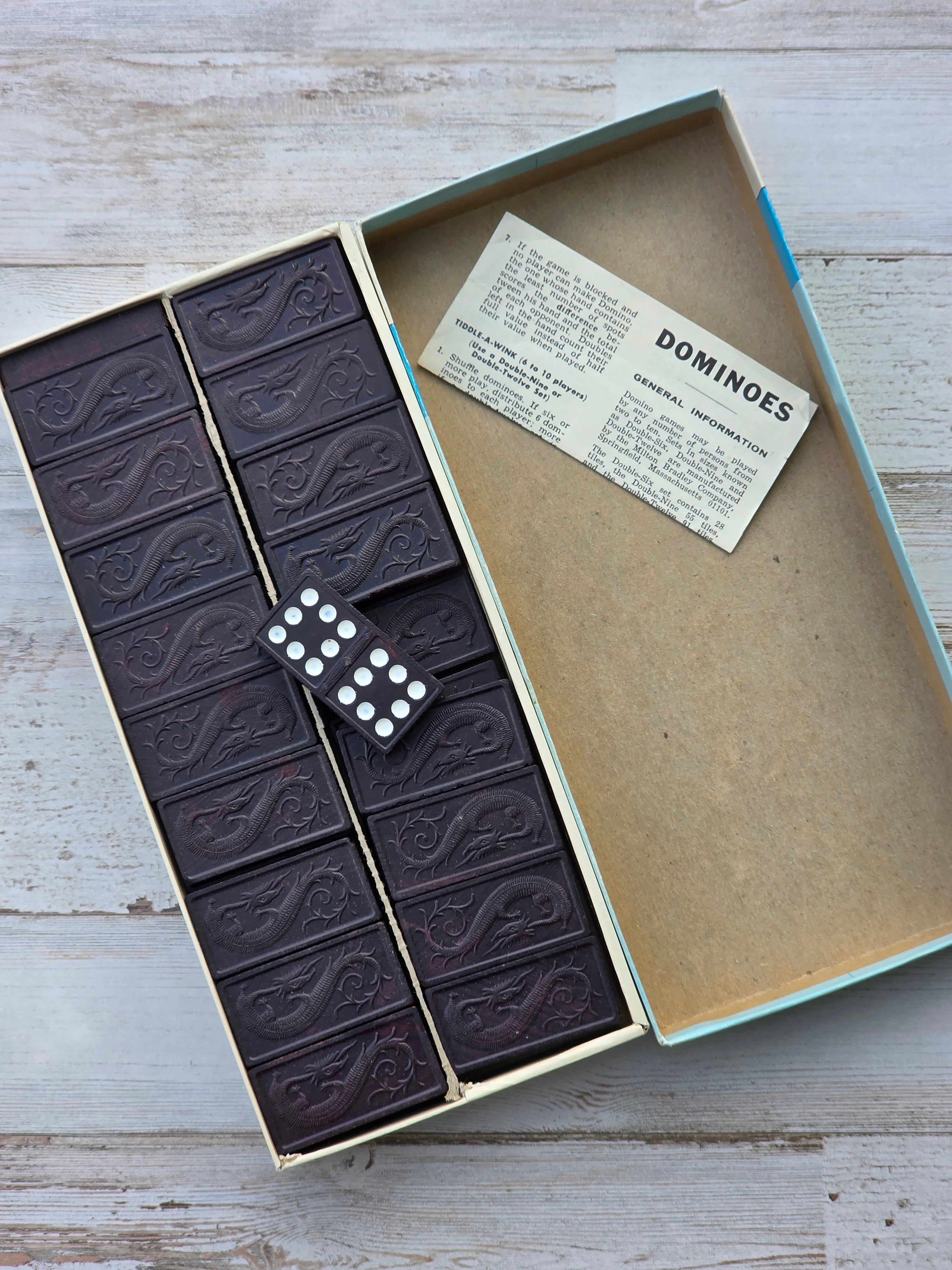 Vintage 1970 Dragon Dominoes – Milton Bradley Double Nine, 55 Pieces