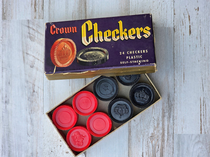 Vintage Crown Plastic Checkers – Self-Stacking Set of 24 pieces